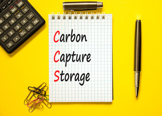 Wall Mural - CCS Carbon capture storage symbol. Concept words CCS Carbon capture storage on beautiful white note. Beautiful yellow background. Business ecological Carbon capture storage concept. Copy space.