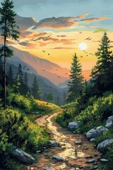 Wall Mural - The sun sets over a mountain valley