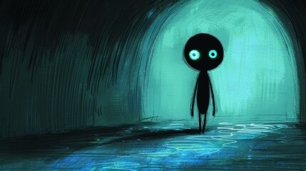   An alien figure stands in a dark tunnel, its body black, eyes glowing blue Eyes number two, also glowing green