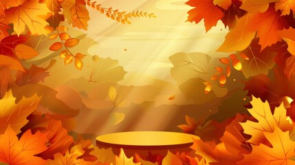 Wall Mural - Autumn Backdrop Background With Podium And Leaves Shadow, Celebrating The Richness And Warmth Of The Season, Evoking Feelings Of Coziness And Comfort, Cartoon Background