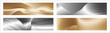 Wavy silver and gold parallel gradient lines, ribbons, silk. Set of 4 backgrounds. Black and white with shades of gray or golden silk. Banner, poster. eps vector