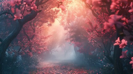 Sticker - fantasy pink forest path with cherry blossom trees