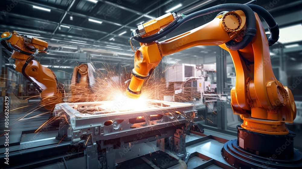 A robotic arm operates with precision in a high-tech industrial ...