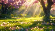   A Lush, Green Field Teems With Pink Flowers In The Heart Of It Stands A Solitary Tree, Its Branches Parting To Let Golden Rays Of Light Filter Through