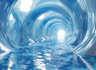 Poster - Blue tunnel with water and light at the end