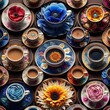 A collection of artistically created coffee cups and saucers.