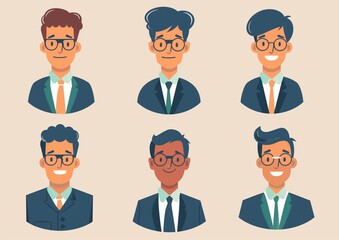 Wall Mural - Professional Young Male Cartoon Avatars with Glasses and Suits