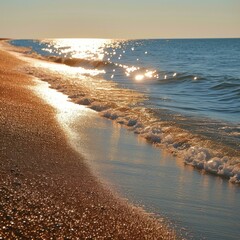 Canvas Print - beach sunset golden sand blue water waves