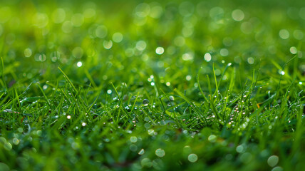 Wall Mural - A field of green grass with raindrops on it