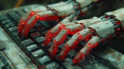 Wall Mural - a close-up perspective captures a robotic cyborg hand interacting with a laptop keyboard, illuminated by dynamic neon light effects.