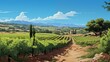 A sprawling vineyard under a cloudless blue sky