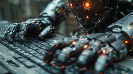 Poster - a close-up perspective captures a robotic cyborg hand interacting with a laptop keyboard, illuminated by dynamic neon light effects.
