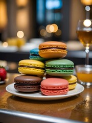 Poster - AI generated illustration of colorful macarons with honey, chocolate, strawberry, and syrup