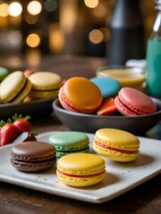 Poster - AI generated illustration of colorful macarons with honey, chocolate, strawberry, and syrup