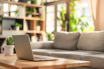 Wall Mural - Laptop on work desk with blurred contemporary living room background