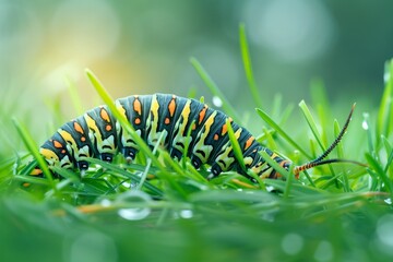 Swallowtail butterfly caterpillar feeding in fennel - unusual ma. Beautiful simple AI generated image in 4K, unique.