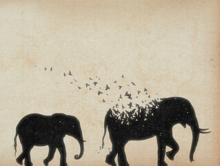 Poster - Elephant family. Endangered animal. Death and afterlife. Flying bird