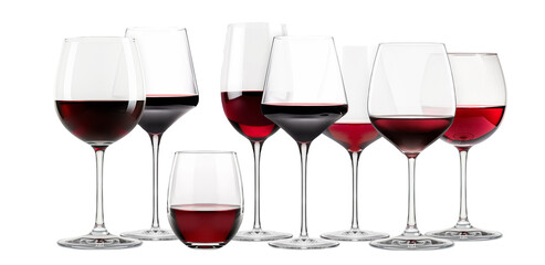 Set of red wine glasses isolated on white background. Rose wine splashing in glassware.