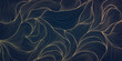 Vector linear golden leaves art deco pattern. Gold line elegant wavy texture, japanese style botanical illustration. Floral plant luxury texture, elegant wallpaper. Vintage decor print