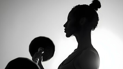 Sticker - Highresolution black and white silhouette of a woman lifting weights while exercising. Concept Fitness Photography, Black and White Silhouette, Weightlifting Exercise, Strong Female Portrait