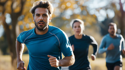 Wall Mural - Focused runners jog through an autumnal park, highlighted by the vibrant fall foliage