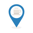 Pin with cup of coffee icon. Nearby coffee location. Location point of cafe or restaurant.