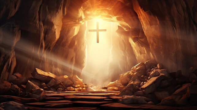 Easter Religious concept: Empty tomb stone with cross. Generative Ai illustration.