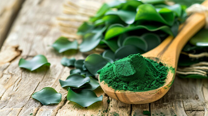 A spoonful of green powder spirulina is on a wooden table. Close-up of a wooden spoon filled with spirulina powder next to some algae leaves, rustic wooden table background