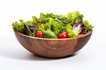 Wall Mural - Set against a pristine white studio background, a wooden bowl showcases a colorful vegetable salad composed of tomatoes, cucumbers, lettuce, onions, olives, and bell peppers.