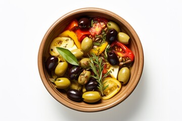 Wall Mural - Set against a pristine white studio background, a wooden bowl showcases a colorful vegetable salad composed of tomatoes, cucumbers, lettuce, onions, olives, and bell peppers.