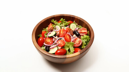 Wall Mural - Set against a pristine white studio background, a wooden bowl showcases a colorful vegetable salad composed of tomatoes, cucumbers, lettuce, onions, olives, and bell peppers.