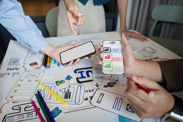 Wall Mural - brainstorm planning creative asian teamwork, group of mobile phone app developer team meeting for sh