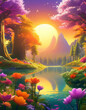 mountain view and river, with pink and purple blossoms illustration