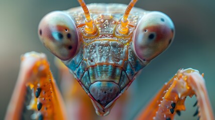Close-up Portrait of a Praying Mantis's Alien-like Face with Extreme Detail and Vivid