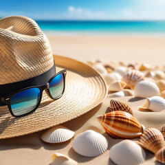 a straw hat and glasses lie on the sand against the backdrop of the sea and shells