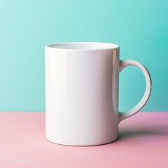 Wall Mural - White coffee mug on a pastel background with natural light, blank for design mockups in a minimalist setting.