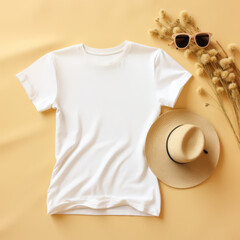 Wall Mural - Summer mockup with a plain white t-shirt surrounded by chic sunglasses and a straw hat, set against a soft beige backdrop.
