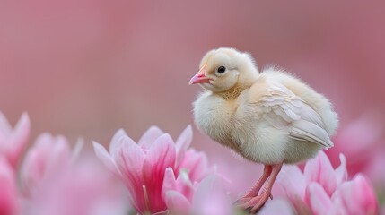 Wall Mural -   A small white bird atop pink tulips against a pink sky