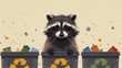 A raccoon sorting recycling bins correctly, teaching humans about waste management, illustration style, in straight front portrait minimal.