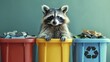An intelligent raccoon imparts waste management wisdom as it sorts recycling bins with precision in a minimalist front portrait.