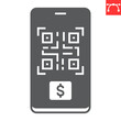QR code payment glyph icon, mobile pay and finance, qr code on the smartphone vector icon, vector graphics, editable stroke solid sign, eps 10.
