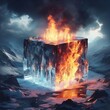 Ice in the form of a cube burns with a bright fire