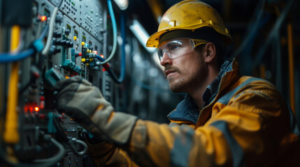 Focused electrician working diligently on wiring inside an industrial electrical panel.