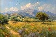 Green meadow with flowers and trees on the background of mountains on a sunny day