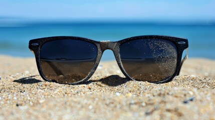 Poster -   A black pair of sunglasses atop a sandy beach, adjacent to a body of water and a blue sky