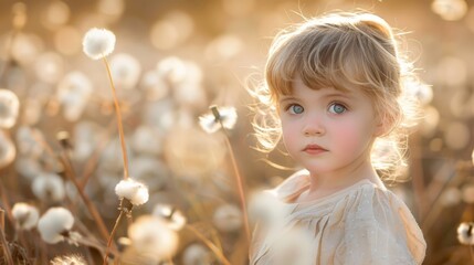 Wall Mural -   A little girl stands in a field of dandelions, gazing seriously at the camera