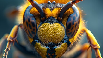 Hyperreal Close-up Macro Photo of Striking Hornet's Face with Incredible Detail and Vibrant Colors
