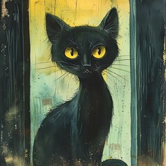 Canvas Print - AI generated illustration of a black cat with yellow eyes in a cartoon-style