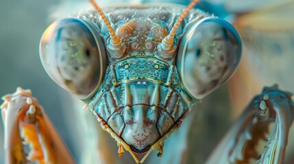 extreme close-up of a praying mantis's detailed,mesmerizing face and compound eyes