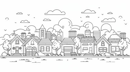 A village landscape featuring houses and trees in a suburban setting, designed in a thin line style vector illustration